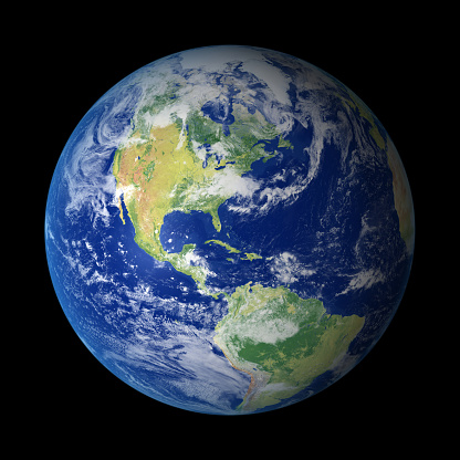 High resolution 3D render of Planet Earth. Transparent water, shaded relief, natural colors, clouds cover.