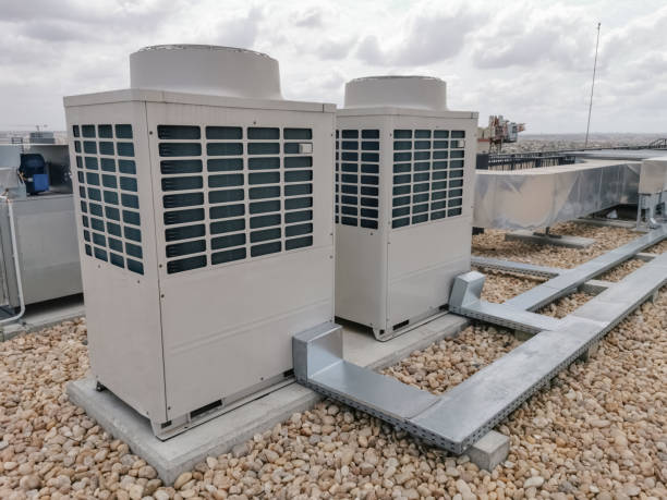 View of exterior VRV air conditioning units, extraction and insufflation, HVAC system, on the building roof. stock photo