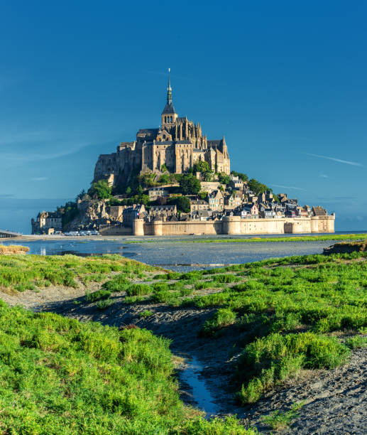 View of famous Le Mont Saint-Michel tidal island . Normandy, northern France stock photo