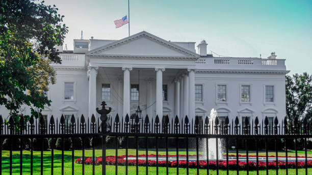 View of front entrance to White House in summer with blue sky in background Mid day light illuminates the Presidential Residence in Washington DC at dawn with an American Flag flying on the roof and water rising from a fountain on the grounds behind a black iron fence. president stock pictures, royalty-free photos & images