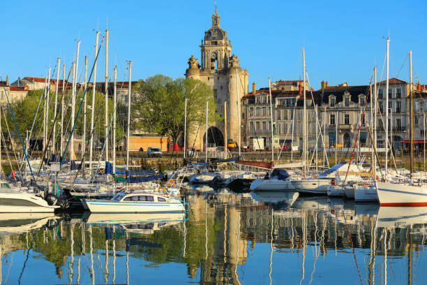 view of harbour and city centre of La Rochelle in summer stock photo