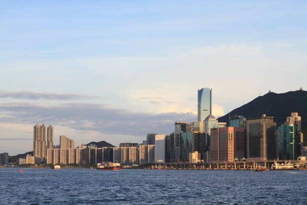 view of Hong Kong island in sunset stock photo