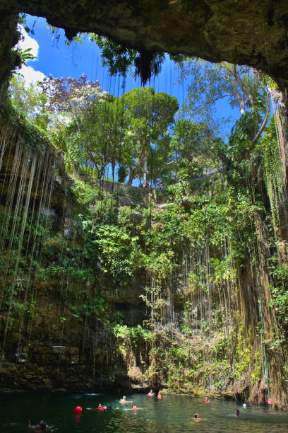 View of Ik Kil Cenote, near Chichen Itza, Mexico. Lovely cenote with transparent waters and hanging roots. Natural swimming pool, people swimming, adventure place. in Yucatan, Mexico - Mar 2, 2018 stock photo