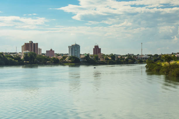 View of Itumbiara from the Paranaíba River, between the states of Goiás and Minas Gerais - Itumbiara - Goiás - Araporã - Minas Gerais - Brazil stock photo