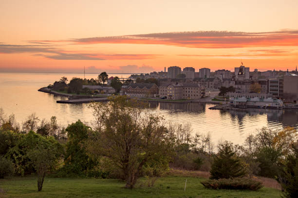 View of Kingston, ON, from Fort Henry Hill at sunset stock photo