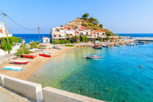 A view of Kokkari fishing village with beautiful beach, Samos island, Greece stock photo