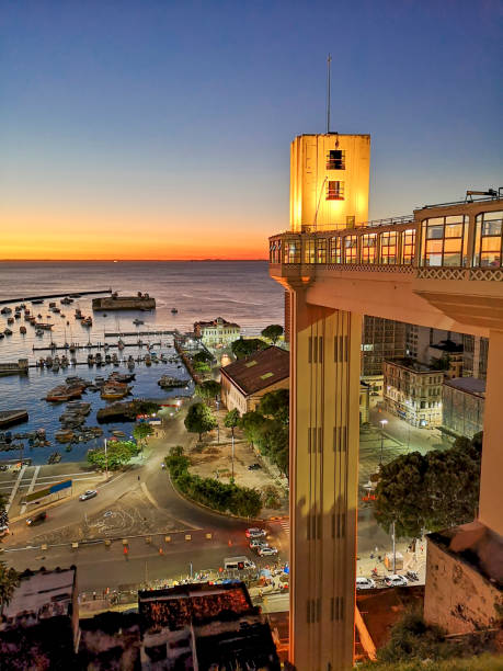 View of Lacerda Elevator with beautiful sunset in Salvador, Bahia, Brazil. stock photo