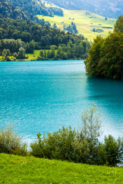 View of Lake Lungern or Lungerersee landscape in Burglen village, Obwalden, Switzerland View of Lake Lungern or Lungerersee landscape in Burglen village, Obwalden, Switzerland. lungern village switzerland lake stock pictures, royalty-free photos & images
