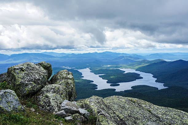 View of Lake Placid From Whiteface Mountain, Adirondacks Standing near the summit of Whiteface Mountain, overlooking Lake Placid. New York State, USA. adirondack state park stock pictures, royalty-free photos & images