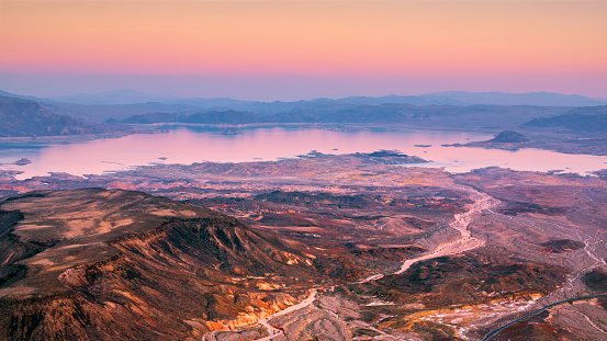 Aerial view of Las Vegas bay and Lake Mead during sunrise in Nevada, USA.
