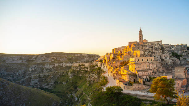 View of Matera at sunrise, Basilicata, Italy stock photo