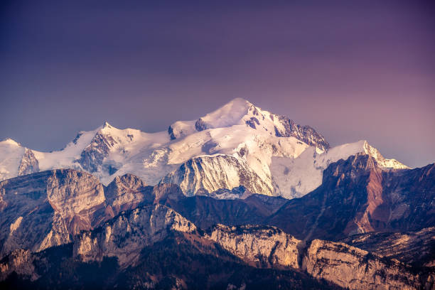 view of mont blanc summit from mont salève, haute-savoie, france - mont blanc imagens e fotografias de stock