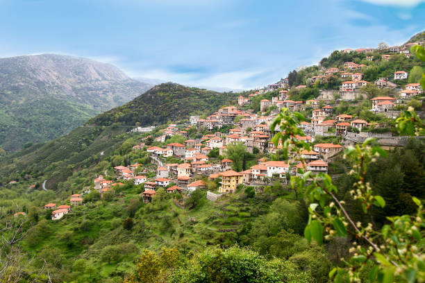 view of mountainous greek village named Lagadia in Greece stock photo