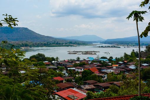 View of nature with the river, mountain, and blue sky, Mekong river