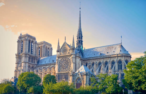 View of Notre Dame Cathedral from the Seine River in Paris, France. stock photo