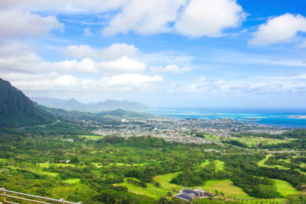 View of Oahu from top of Pali Lookout towards ocean stock photo