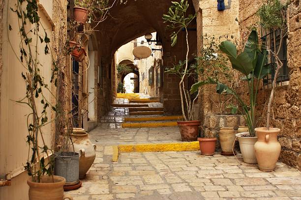 view of old jaffa street in israel - tel aviv stok fotoğraflar ve resimler