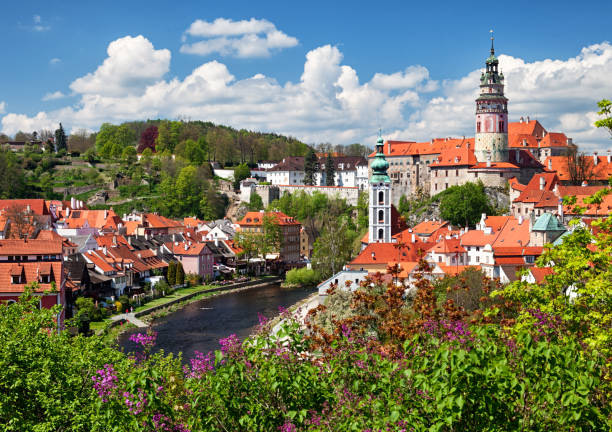 View of old town Cesky Krumlov, South Bohemia, Czech Republic stock photo