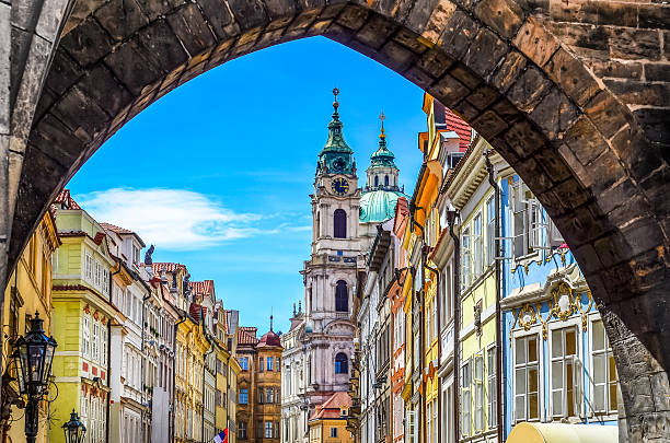 View of old town in Prague taken from Charles bridge stock photo