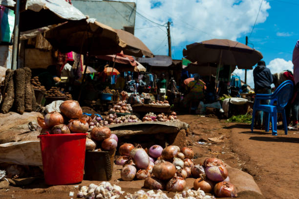 view of open air street market with food in cameroun during sunny summer day with blue sky view of open air street market with food in cameroun during sunny summer day with blue sky togo stock pictures, royalty-free photos & images