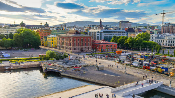 View of Oslo City Hall with harbour / Oslo, Norway  oslo stock pictures, royalty-free photos & images