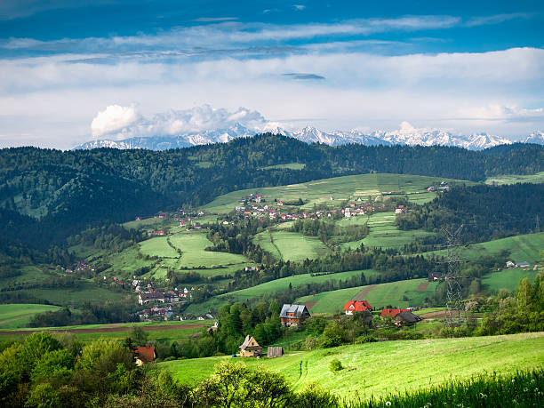 View of Pieniny and High Tatras from Gorce mountains stock photo