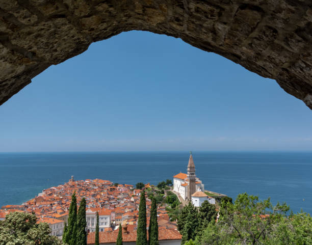 View of Piran from old city walls stock photo
