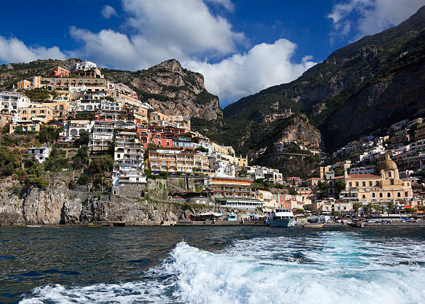 View of Positano from the sea. stock photo