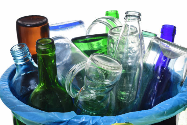 view of recycling glass on white - empty beer bottle imagens e fotografias de stock