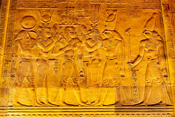 View of Relief and Hieroglyphs on the wall in The Temple of Sobek and Horus at Kom Ombo. stock photo