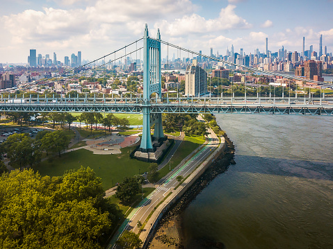 View of Robert F. Kennedy Bridge, Astoria park and East River and Manhattan island in New York downtown on a bright day