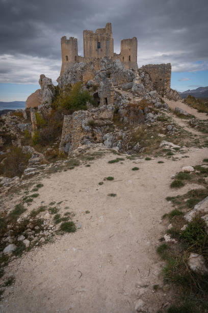 View of ruins of medieval castle in Rocca Calascio in Abruzzo, Italy stock photo
