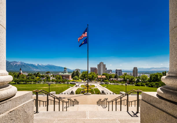 View of Salt Lake City, UT, from the Steps of the State Capitol stock photo