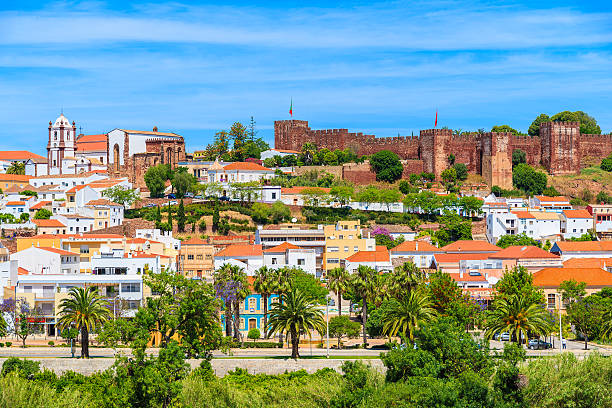View of Silves town buildings with famous castle stock photo