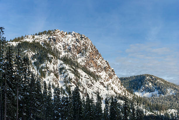 View of Snow Covered Mountain with Rocky Peak stock photo