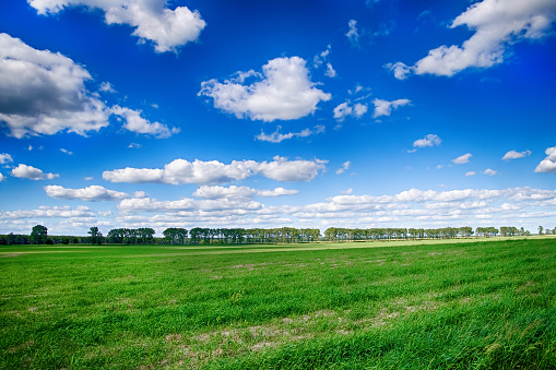 Landscape overlooking blue spring sky with clouds and green rural fields