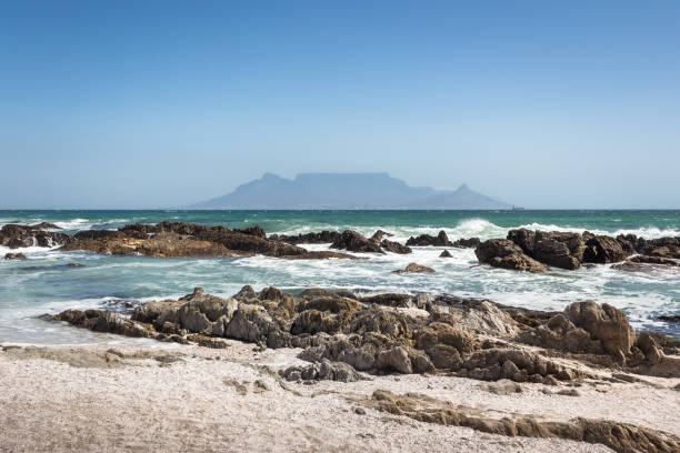 View of Table Mountain with beach, ocean and rocks in foreground stock photo