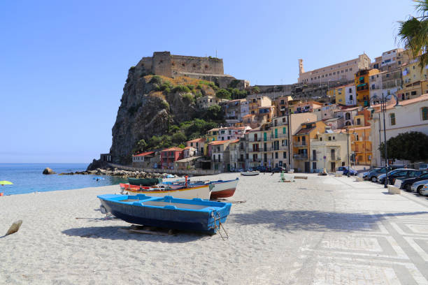 View of the ancient fortress of Scilla and beach stock photo