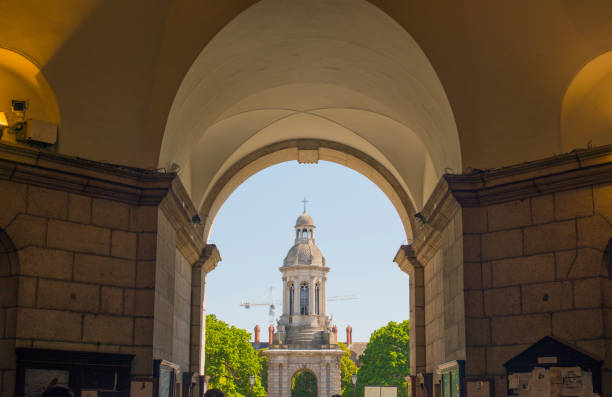 View of the Bell tower, Trinity College Dublin, Irealnd. stock photo