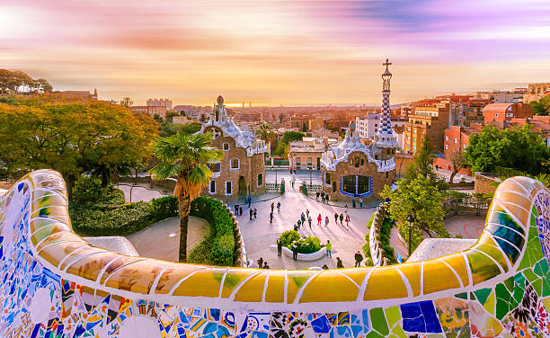 view of the city from park guell in barcelona, spain - barcelona stockfoto's en -beelden