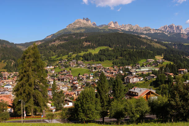 View of the city of Moena (Trentino, Italy) stock photo