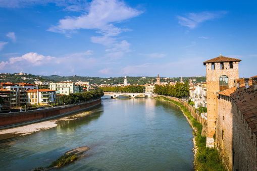View of the city Verona across the river Adige from Ponte Scaligero of Castle, Verona, Italy, Europe