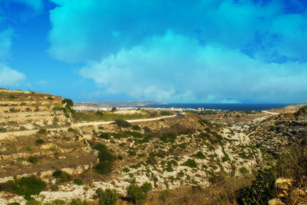 A view of the coastline from a distance stock photo