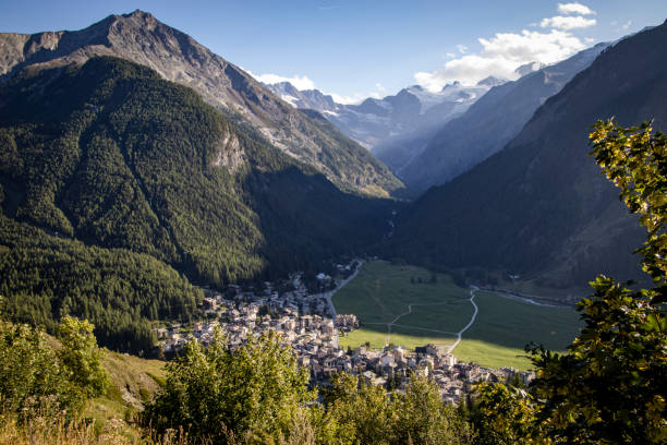 View of the Cogne valley from the village of Gimillan (IT) stock photo