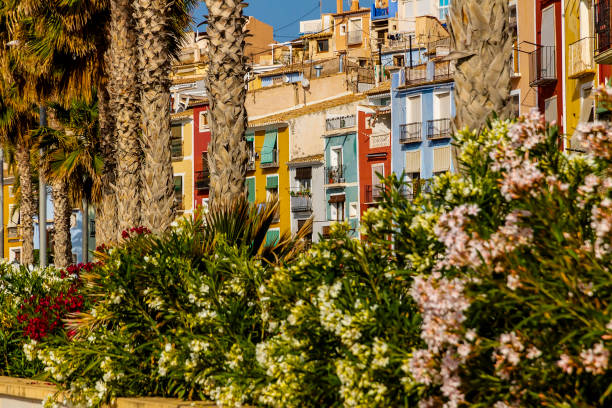 View of the colorful houses of the town of Villajoyosa , june 2021, Villajoyosa, Alicante, Spain. stock photo