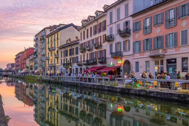 View of the crowded Naviglio Grande district in Milan stock photo