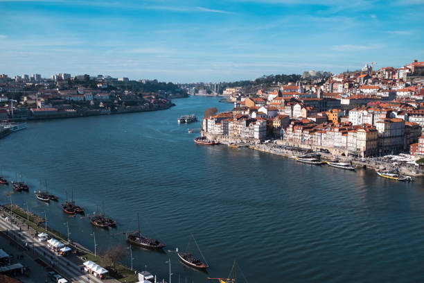View of the Douro River from Vila Nova de Gaia, Porto, Portugal. stock photo