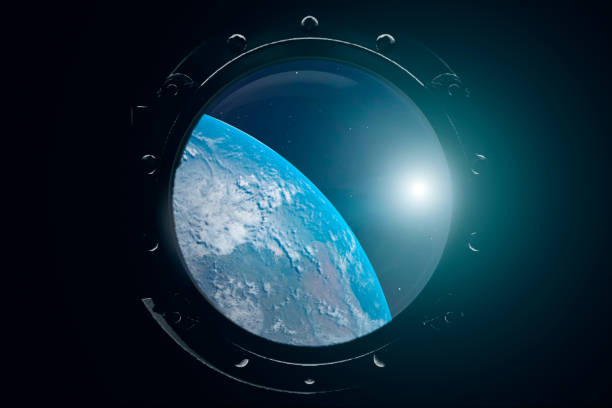 A view of the Earth from through the porthole of a spaceship. International space station is orbiting the Earth. 3D illustration A view of the Earth from through the porthole of a spaceship. International space station is orbiting the Earth. 3D illustration. soyuz space mission stock pictures, royalty-free photos & images