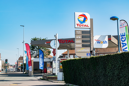 Tourcoing,FRANCE-March 22,2019:View of the gas station Total.Total it is French oil and gas company dealing in the distribution, processing and sale of oil and gas.Founded in 1924.