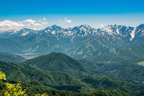View of the Hakuba Valley and surrounding peaks  of the Japanese Alps. stock photo